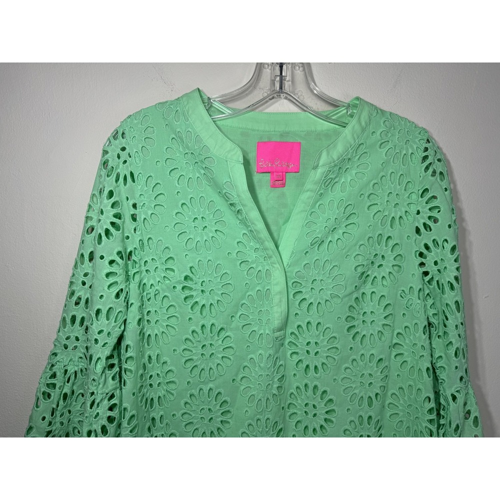 Lilly Pulitzer Bekah Dress Pinwheel Eyelet Patina Green Pom Pom Boho XS - Picture 2 of 9